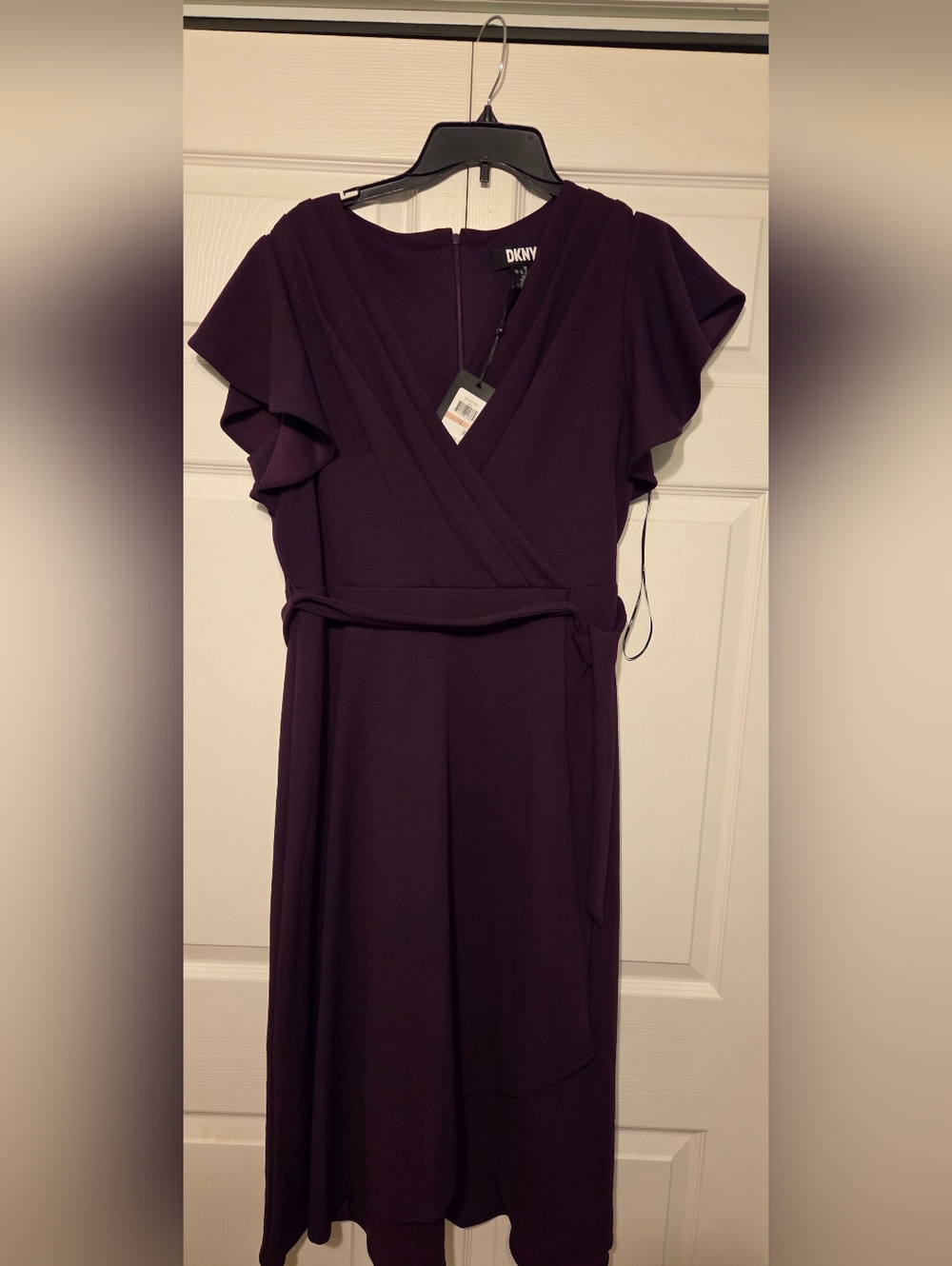 DKNY Deep Plum Wrap Midi Dress with Flutter Sleeves